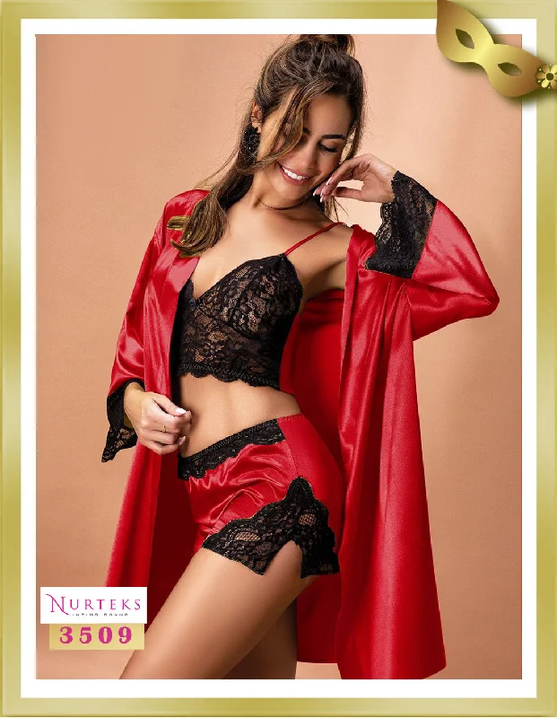 Short Satin with Lace Lingerie Bustier Pajamas with Robe 3509