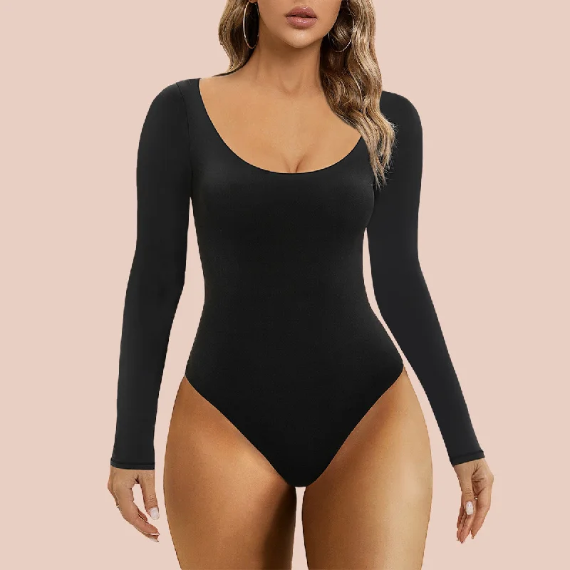 shapermax Long Sleeve Bodysuit Tops Scoop Neck Thong Body suits