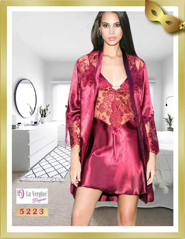 Short Satin with Lace Lingerie Nightgown & Robe Set 5223