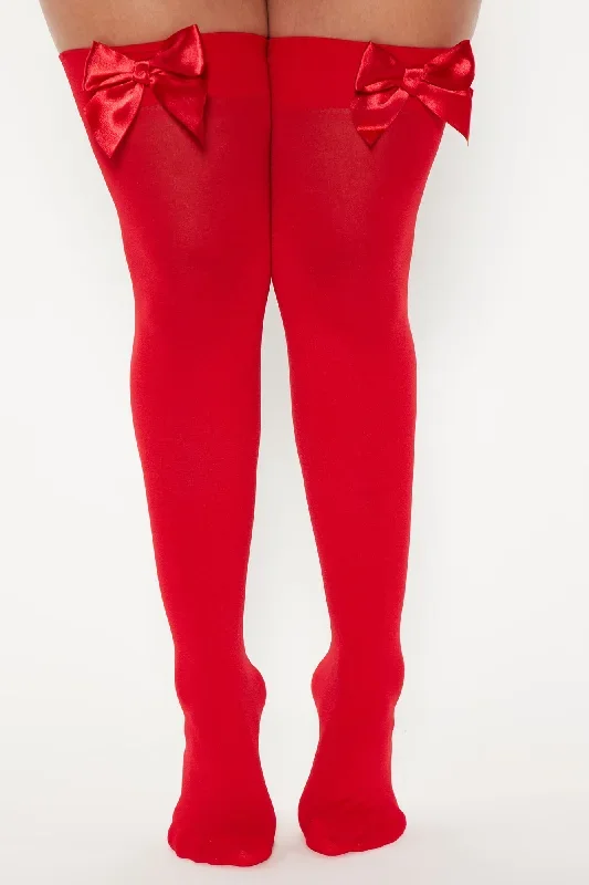 Sweet Desires Sheer Bow Thigh Highs - Red